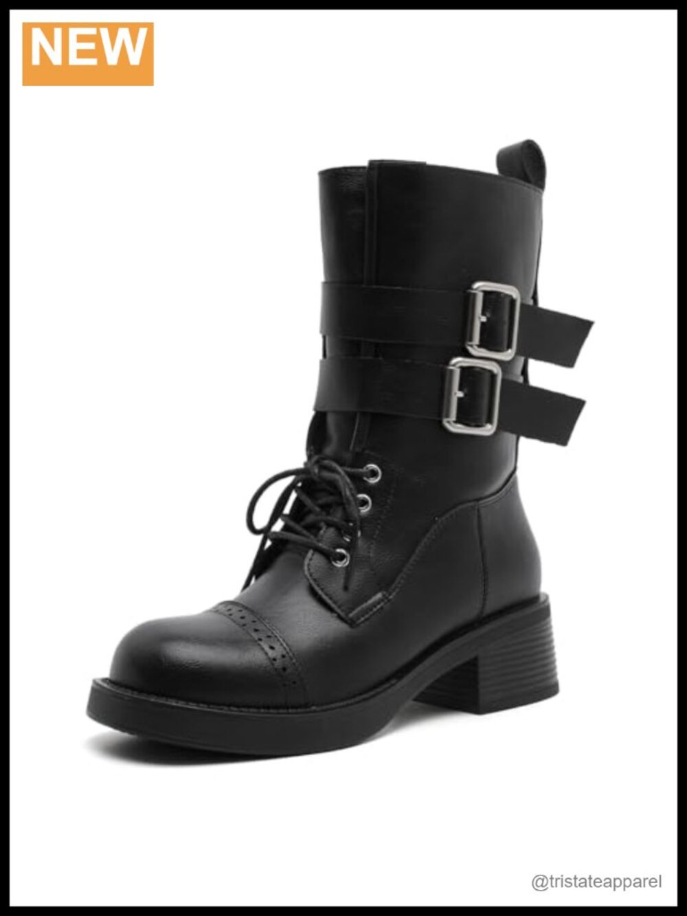 Women's Mid-Calf Combat Boots Lace-Up Zipper Leather Chunky Winter Boots